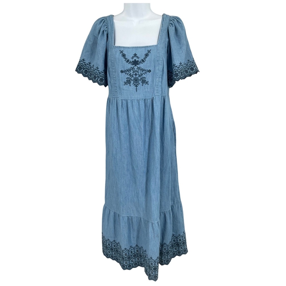 Old Navy Midi Dress Women S Blue Cotton Embroidered Boho Puff Sleeve Cottagecore